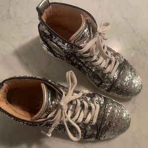 Louboutin Sequin High Top Leather Sneakers